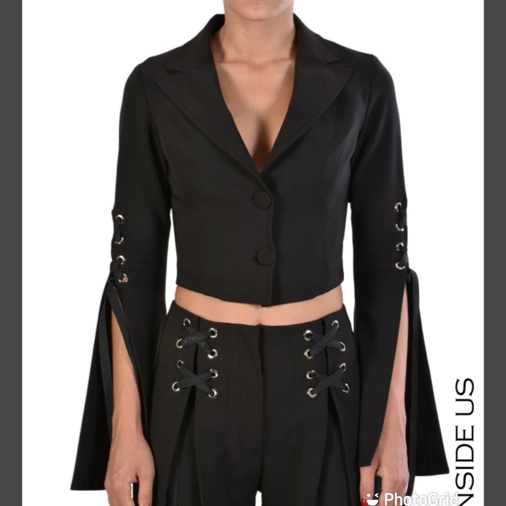La Haine Inside Us Black Cropped Blazer with Lace-Up Details